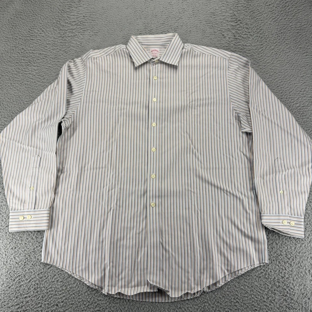 Brooks Brothers Mens Large Blue Tan Stripe Supima Cotton Non Iron Dress Shirt